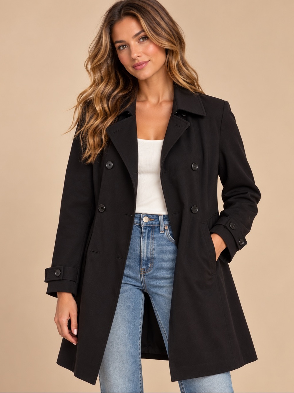 Liz Claiborne Black Double Breasted Trench Coat Classic Minimalist Jacket
